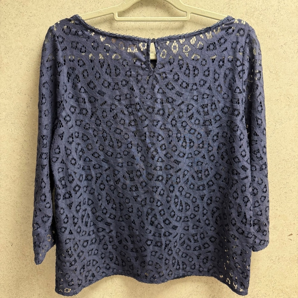 LOFT M Womens Dark Blue Light Lace Top Medium 3/4 Sleeve Boat Neck Casual Blouse - Picture 6 of 6